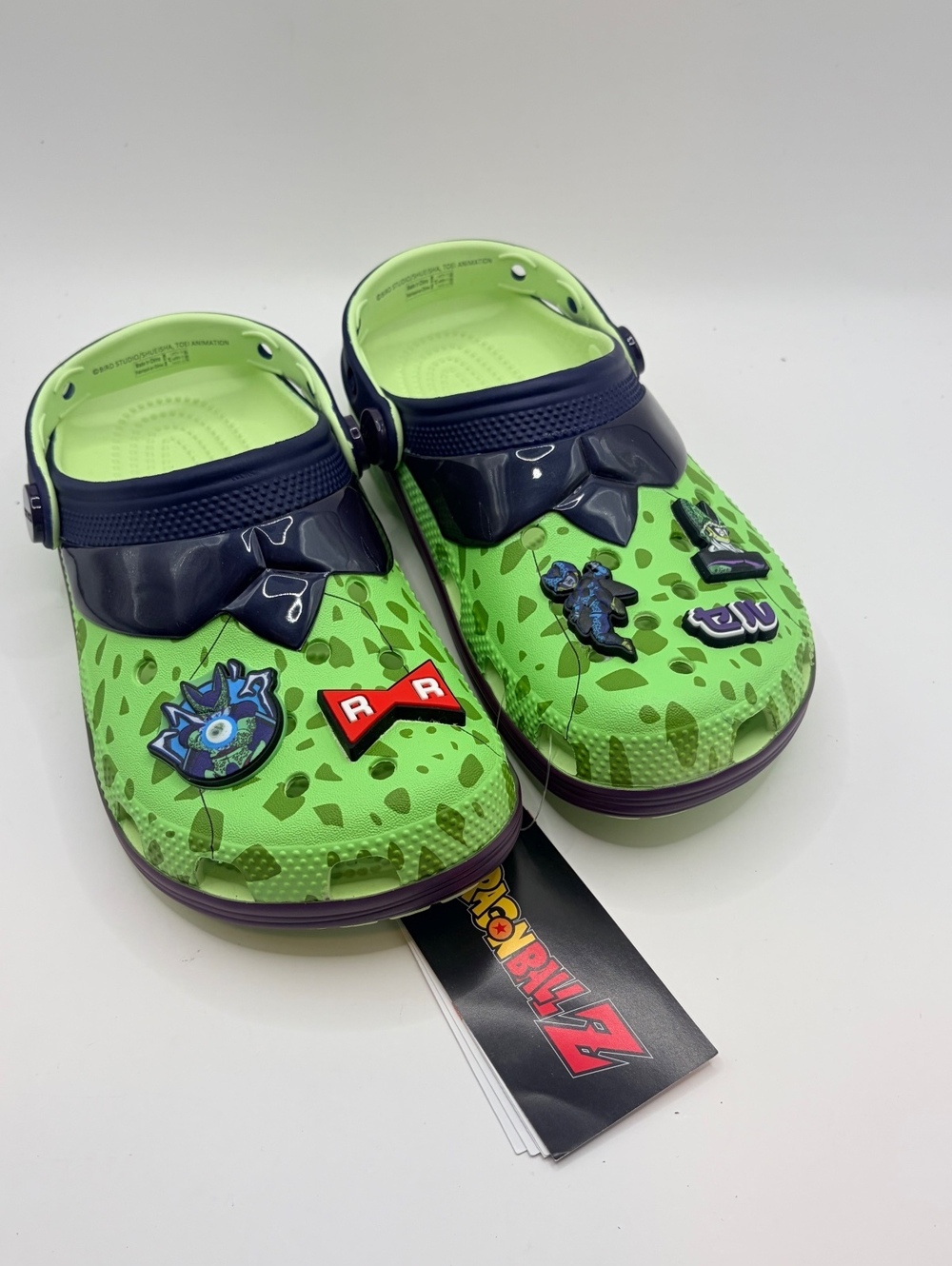 Dragon Ball Z Themed Green and Navy Crocs with Character Charms, Size J4